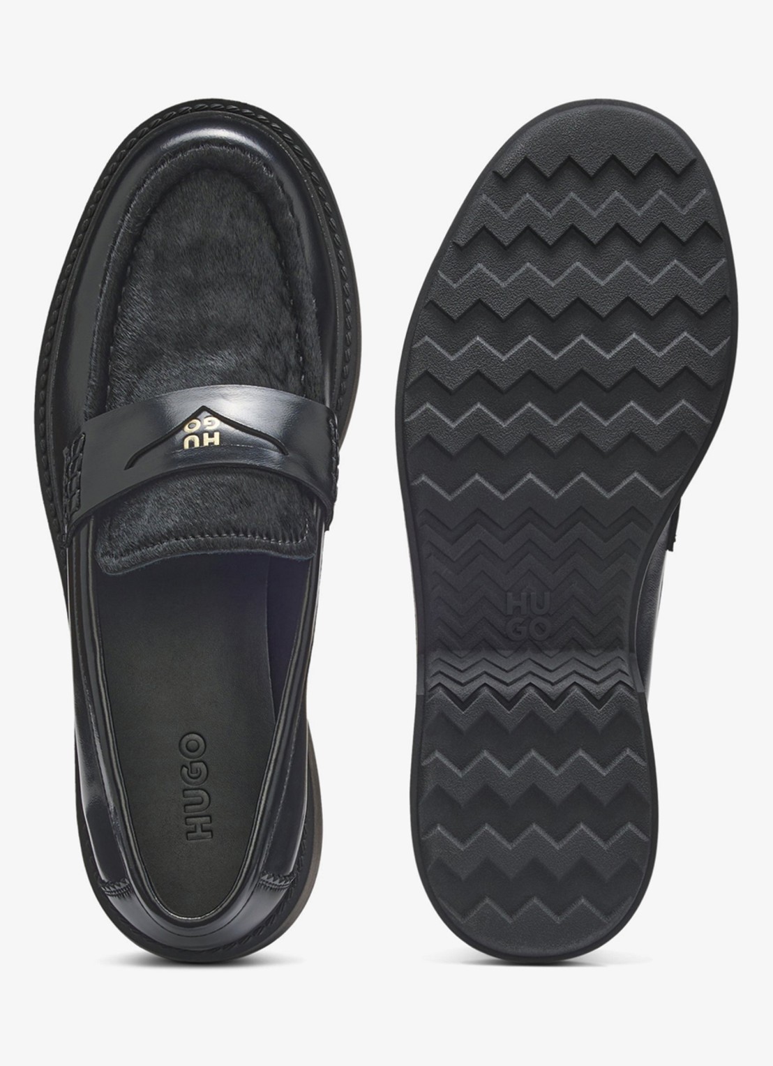 HUGO Loafer van leer met logo  - detail zwart