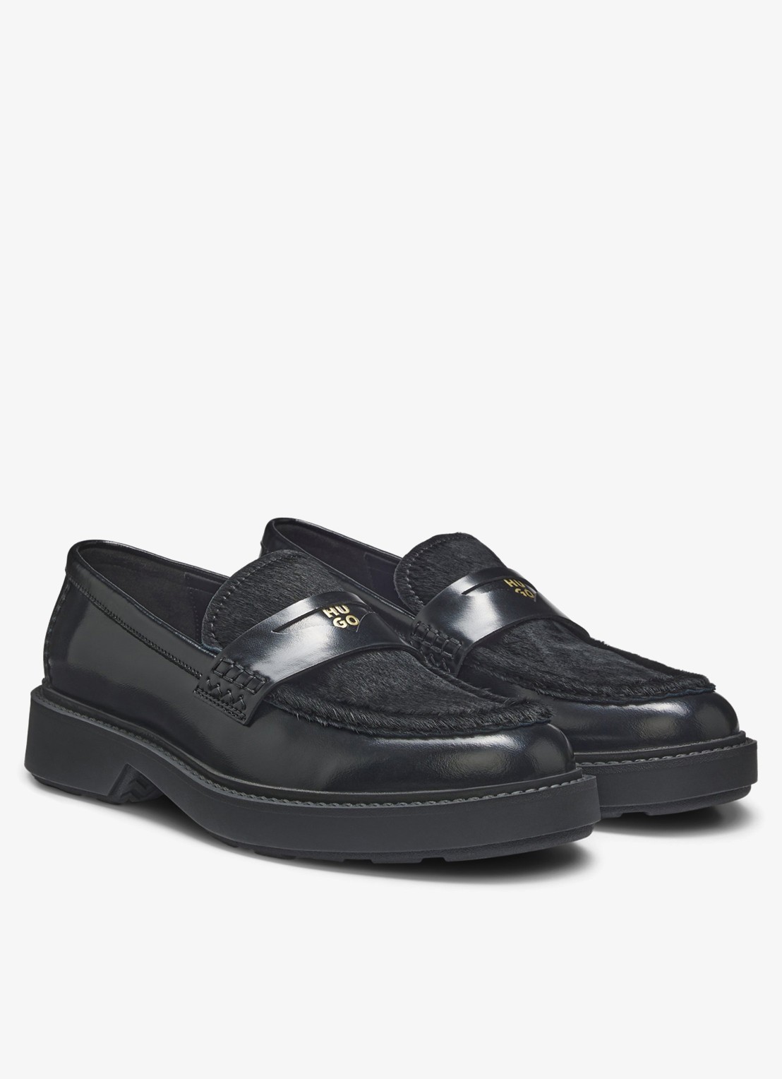 HUGO Loafer van leer met logo  - voorkant 4 zwart