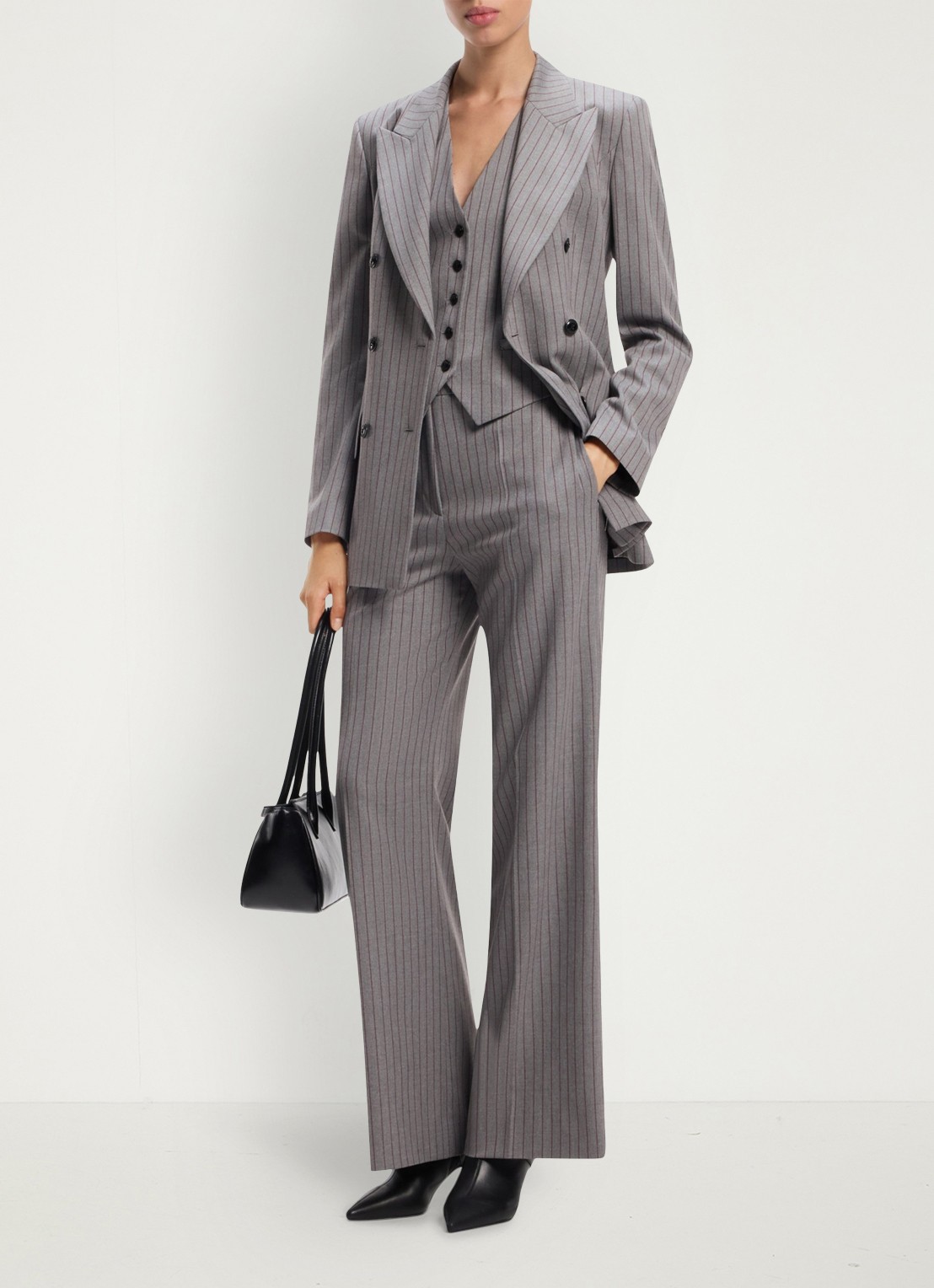 HUGO Mid waist wide fit pantalon met krijtstreep - voorkant 7 lichtgrijs