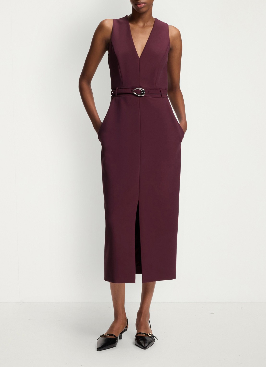 HUGO Midi jurk met V-hals en ceintuur - detail 4 aubergine
