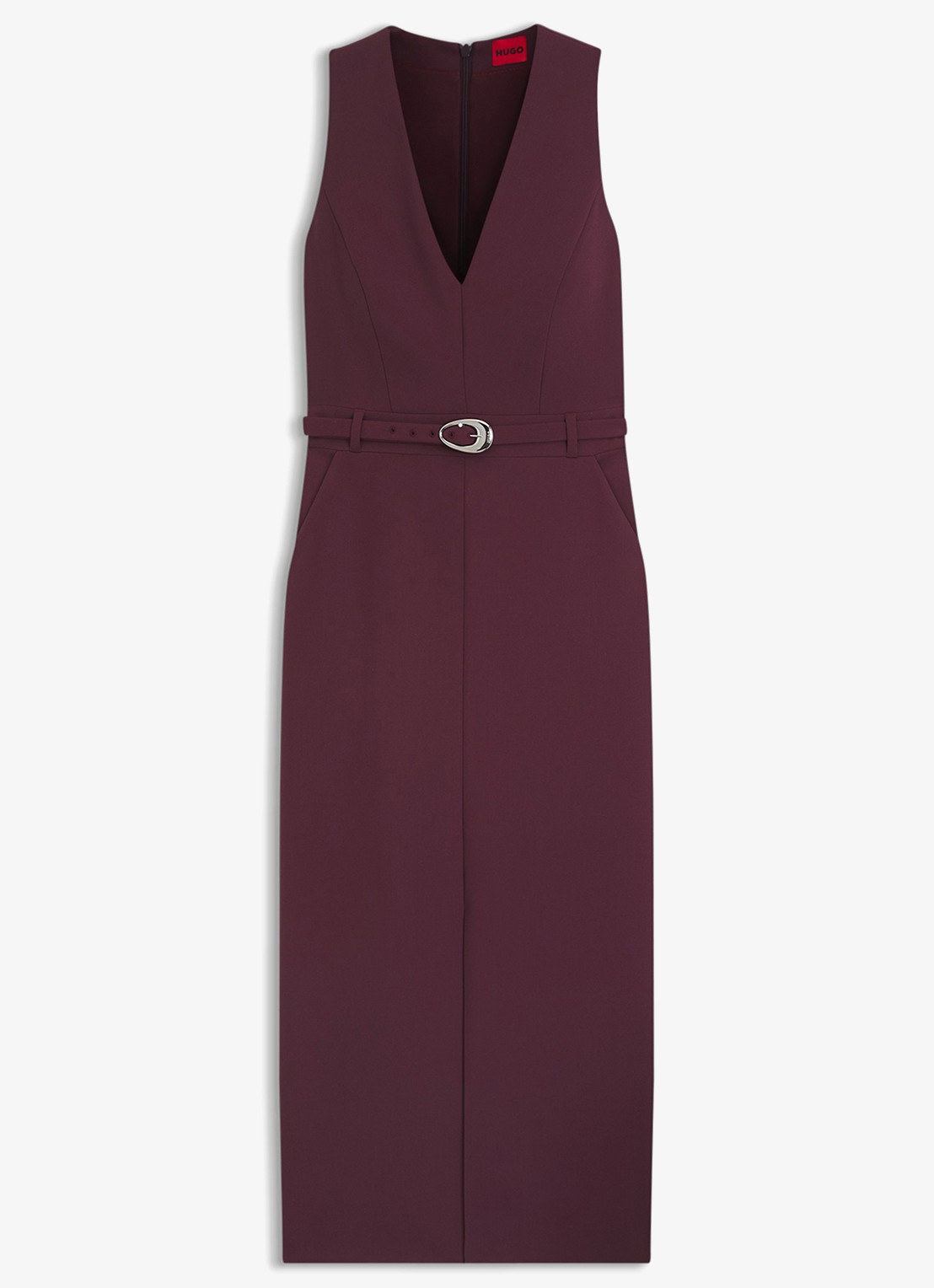 HUGO Midi jurk met V-hals en ceintuur - voorkant aubergine