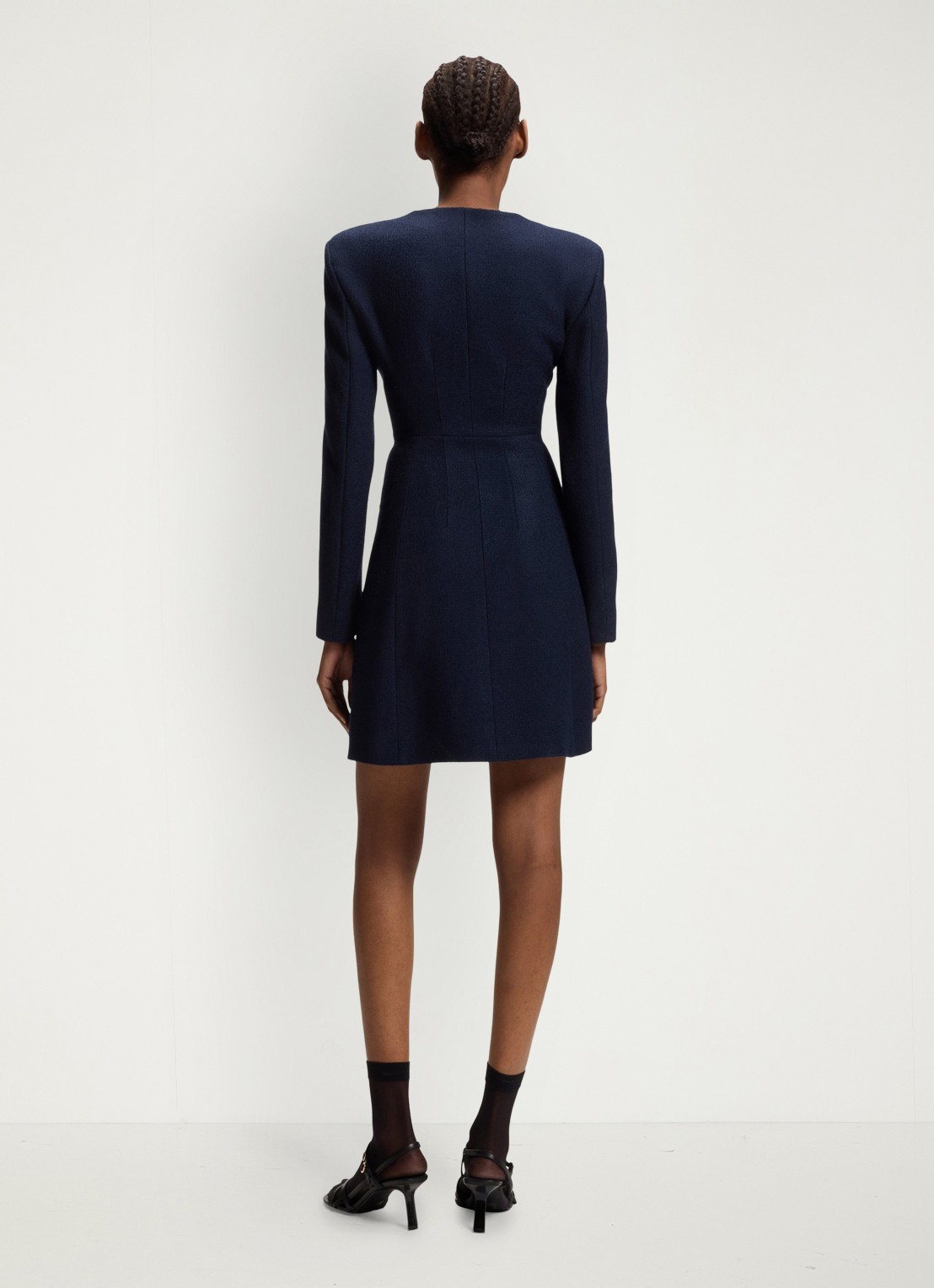 HUGO Mini blousejurk van bouclé met v-hals - achterkant 4 donkerblauw