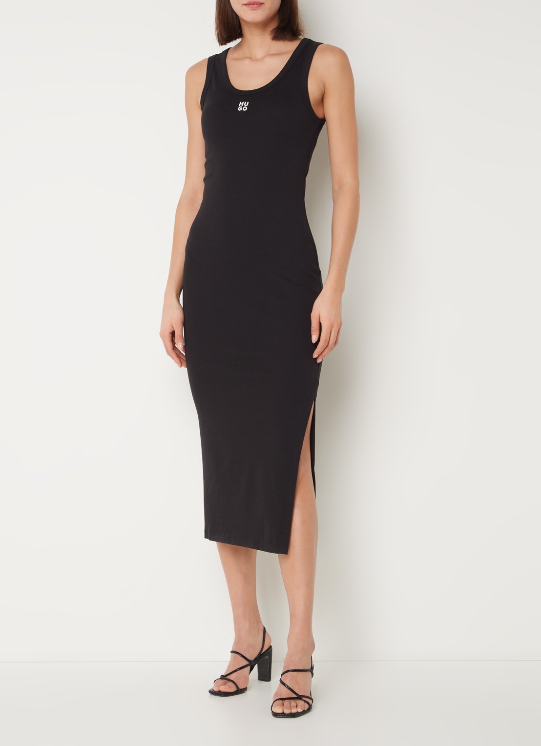 HUGO Nalimera midi kokerjurk met logo en split - detail black-001 / zwart