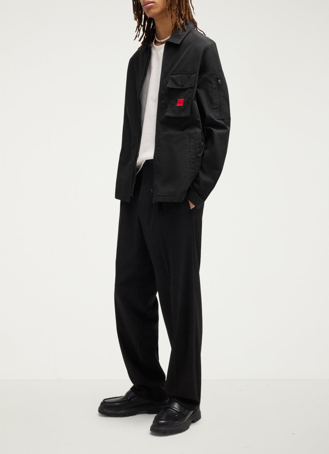 HUGO Overshirt van canvas en een katoenmix met ritssluiting en logolabel - detail 3 black-001 / zwart
