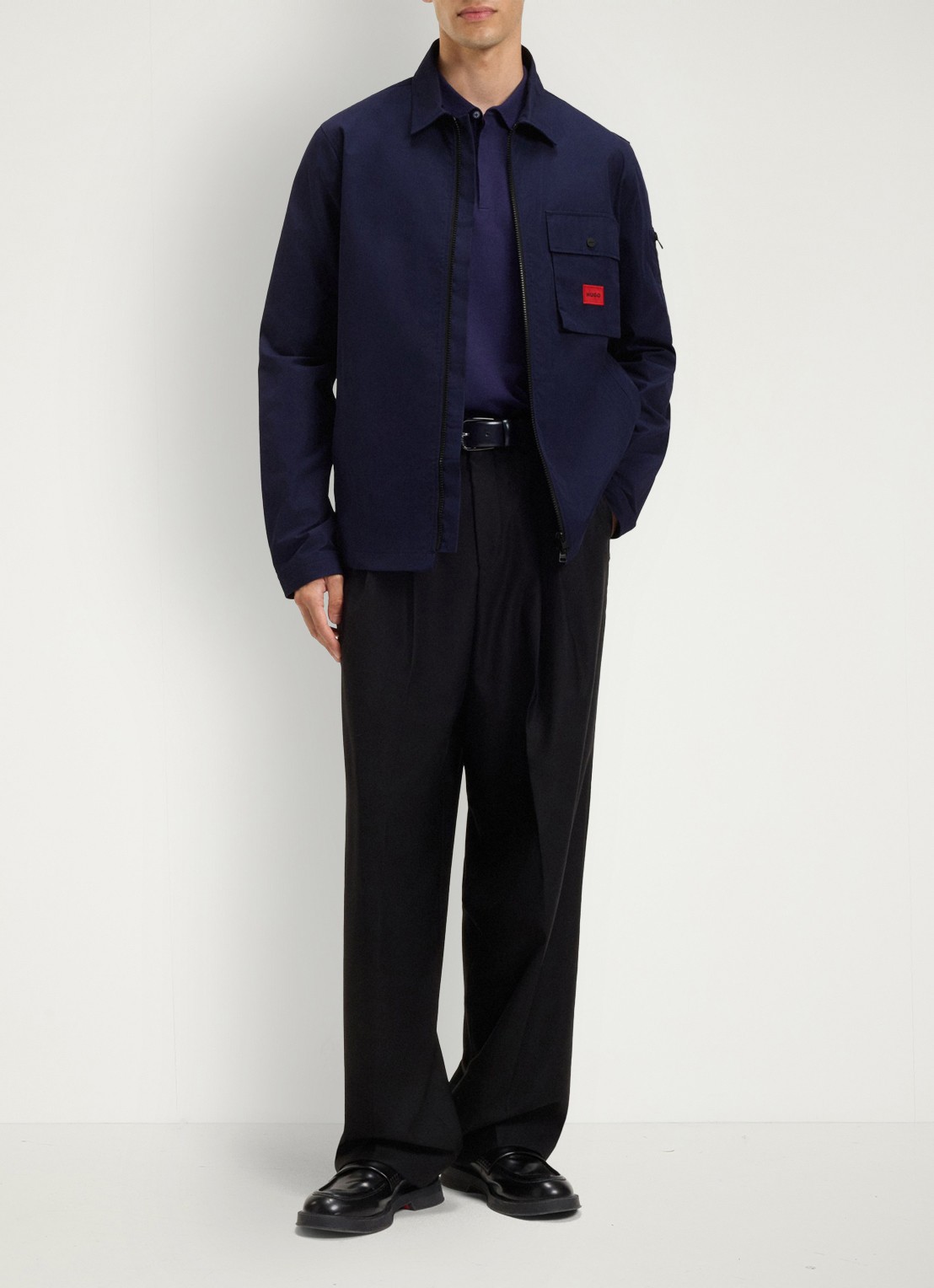 HUGO Overshirt van canvas en een katoenmix met ritssluiting en logolabel - voorkant 3 navy-418 / blauw