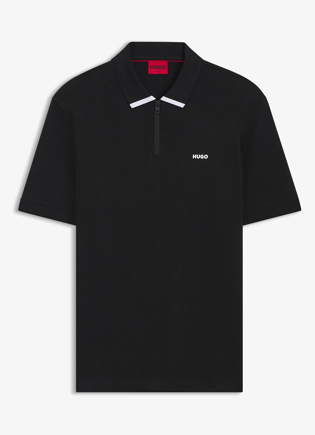 HUGO Polo van katoenpiqué met contrastlogo - voorkant 3 black-001 / zwart