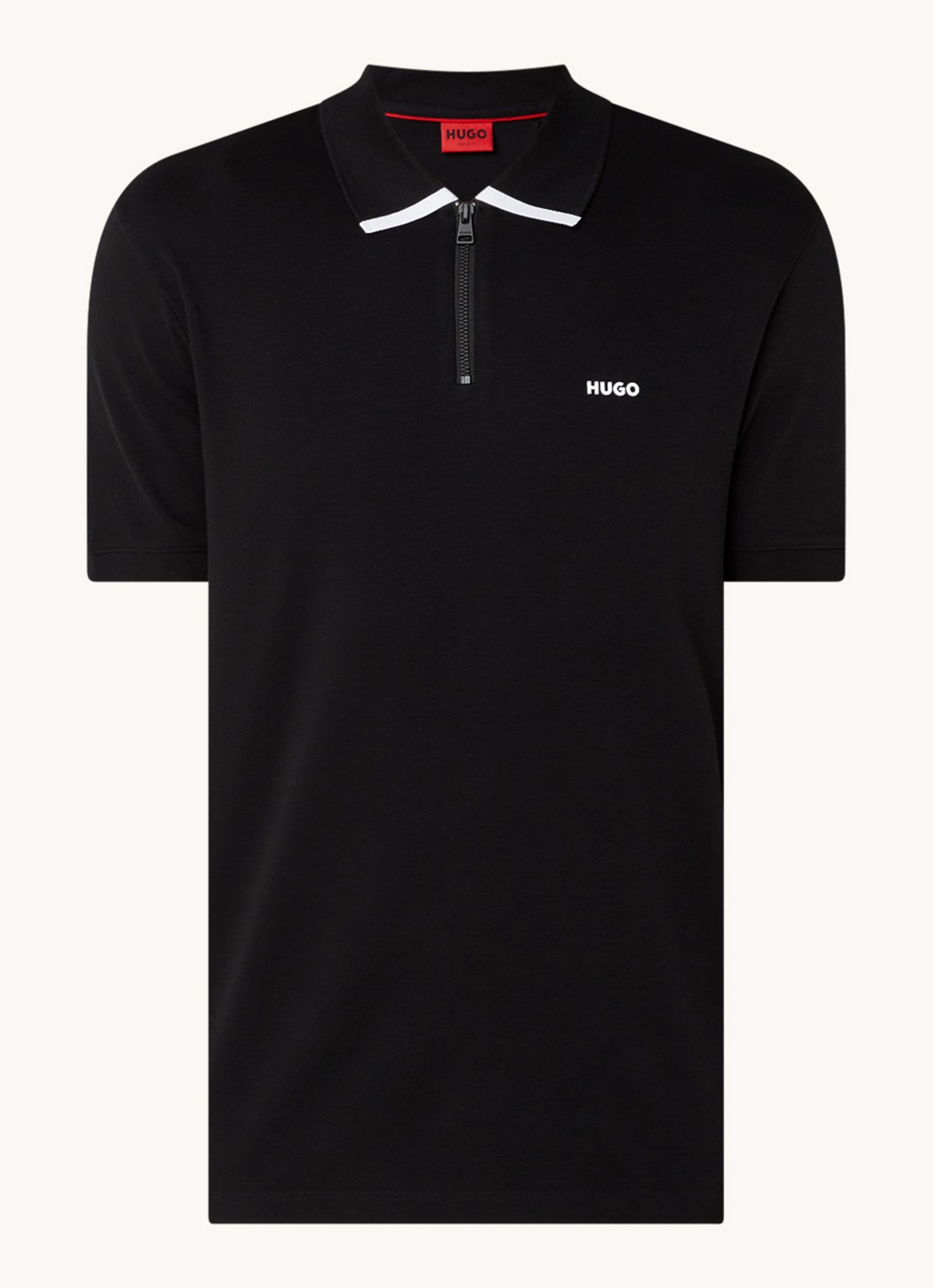 HUGO Polo van katoenpiqué met contrastlogo - voorkant 5 black-001 / zwart