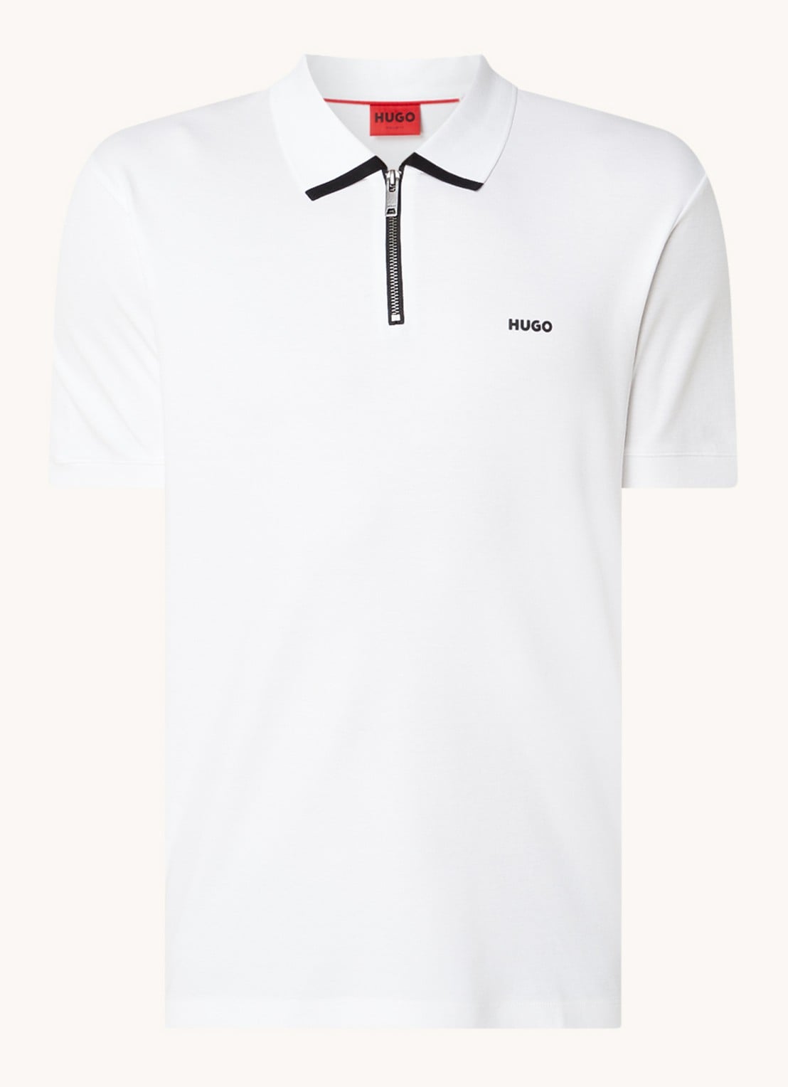 HUGO Polo van katoenpiqué met contrastlogo - voorkant 6 white-100 / wit