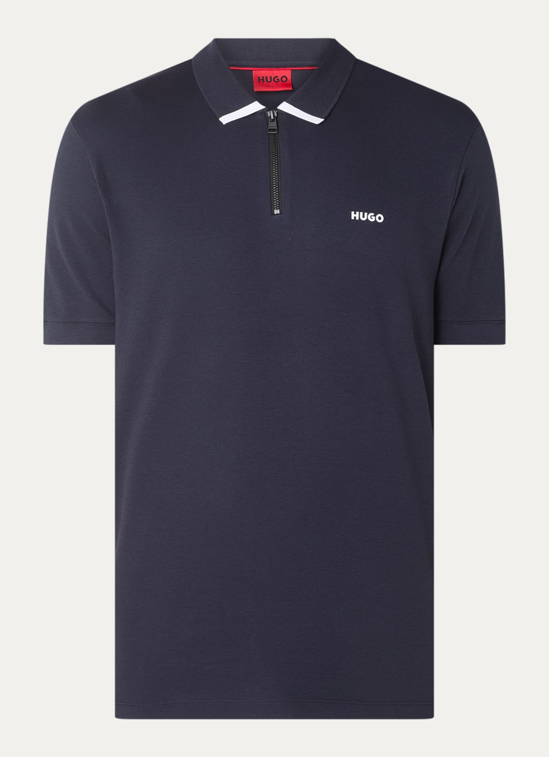 HUGO Polo van katoenpiqué met contrastlogo - voorkant 2 dark blue-405 / blauw