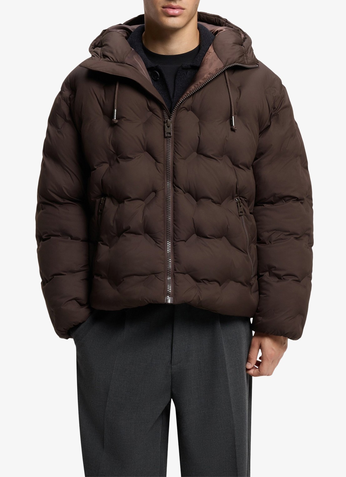 HUGO Puffer jas met steekzakken en capuchon - detail donkerbruin
