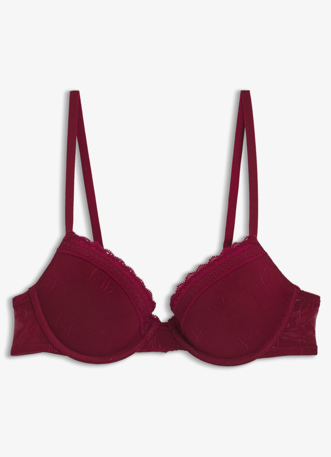 HUGO Push-up bh van mesh met kant en logoborduring - voorkant bordeauxrood