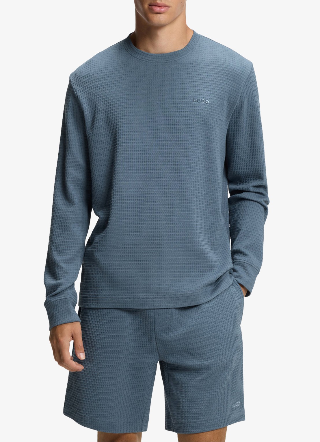HUGO Pyjama-T-shirt van een katoenmix met wafelstructuur - detail staalblauw