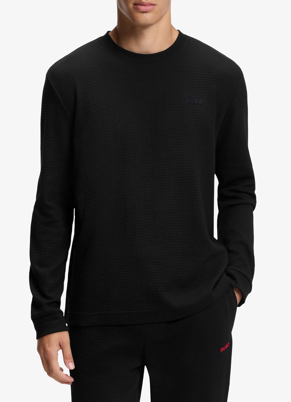 HUGO Pyjama-T-shirt van een katoenmix met wafelstructuur - detail zwart