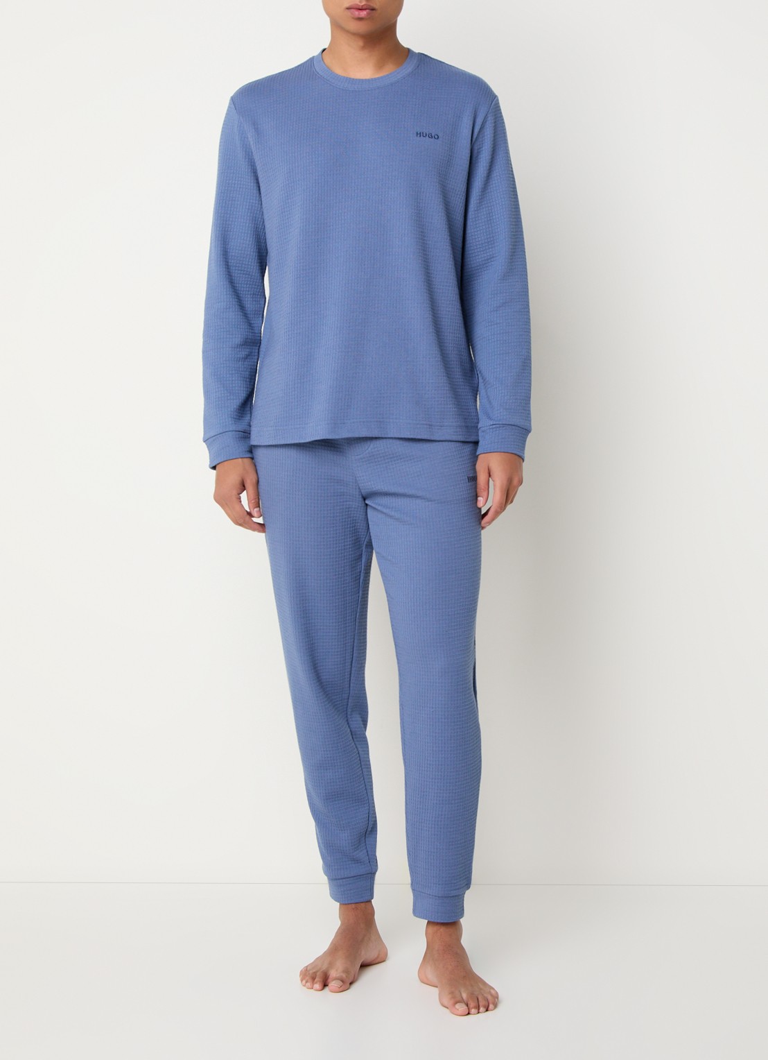 HUGO Pyjama-T-shirt van een katoenmix met wafelstructuur - voorkant 4 blauw