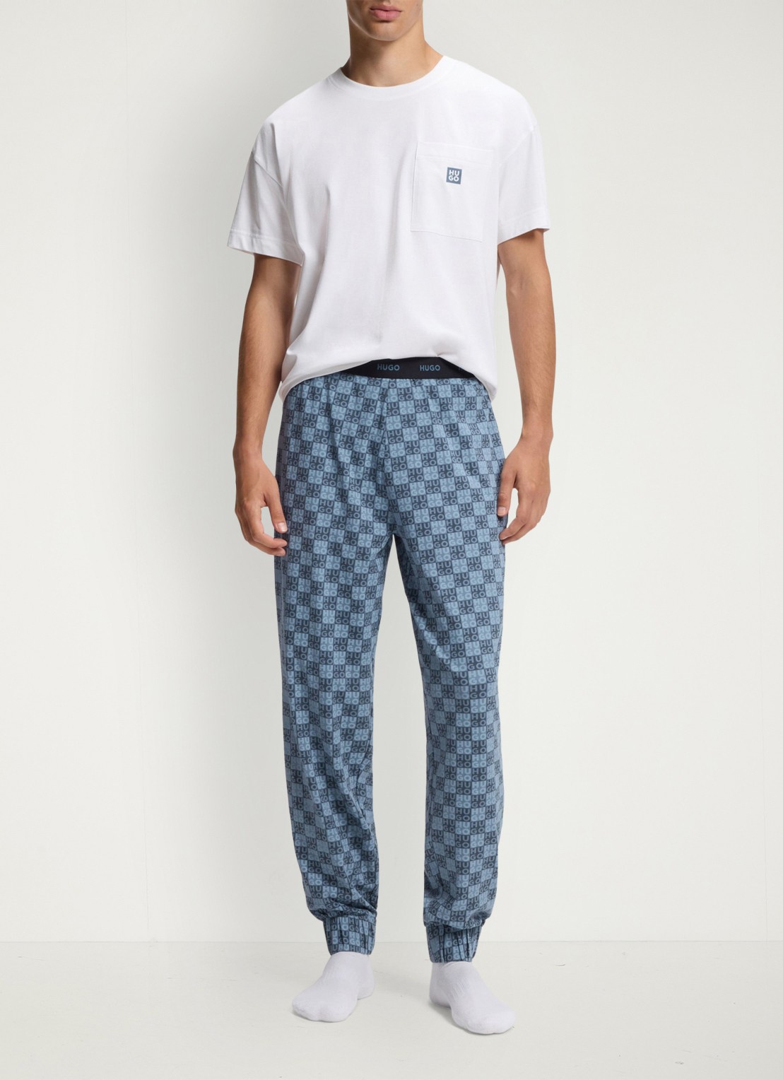 HUGO Pyjamabroek met logoprint - voorkant 4 blauwgrijs