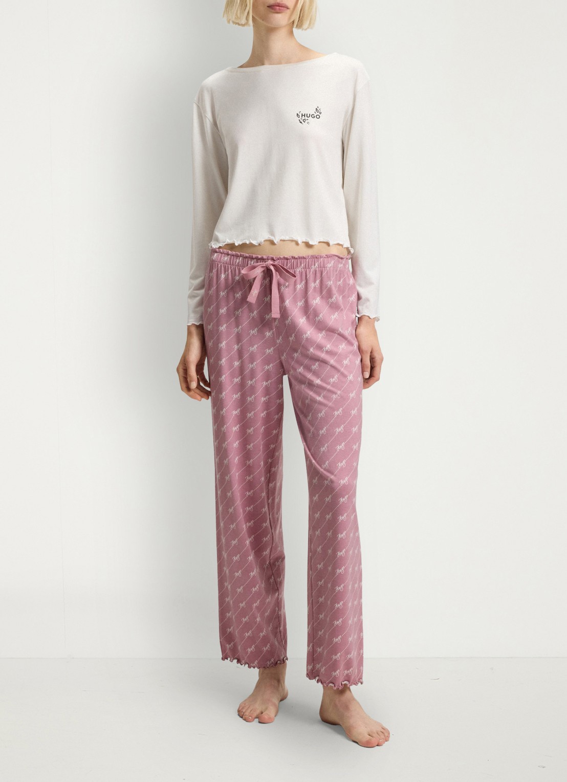 HUGO Pyjamabroek van stretchjersey met all-over print - voorkant 3 open pink-698 / roze