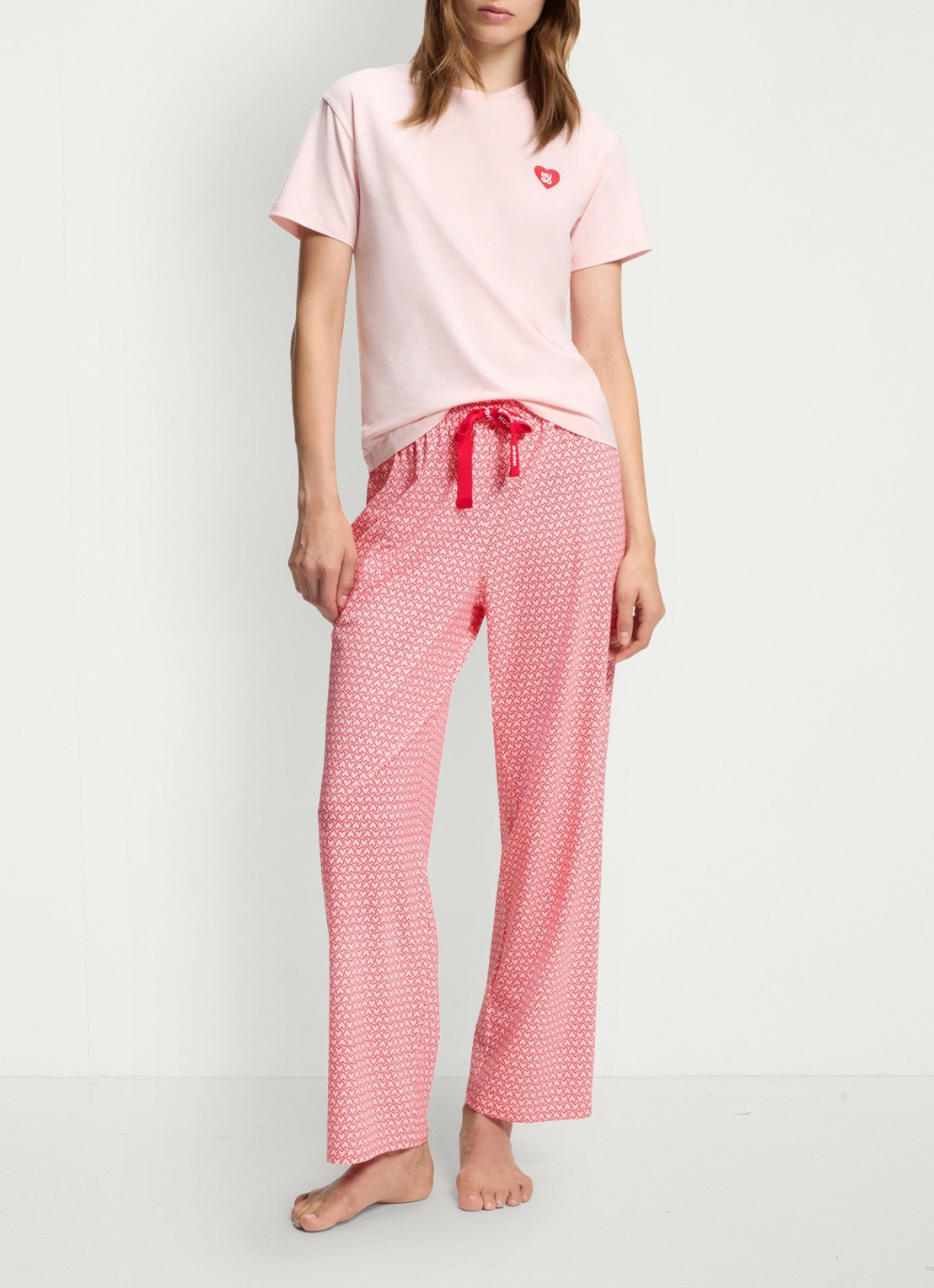 HUGO Pyjamabroek van stretchjersey met all-over print - voorkant 2 lichtroze