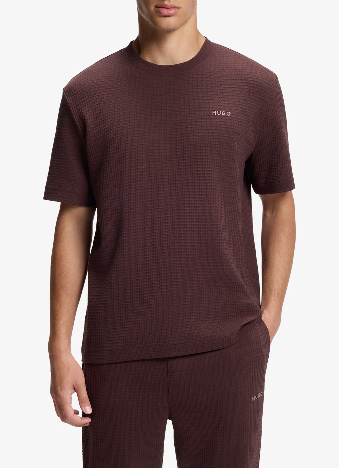 HUGO Pyjamashirt met wafelstructuur en logostiksel - detail 3 open brown-249 / bruin