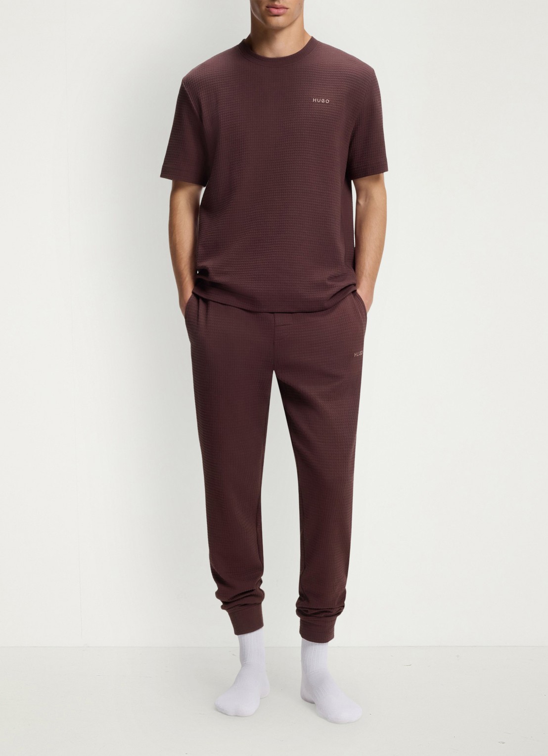 HUGO Pyjamashirt met wafelstructuur en logostiksel - voorkant 7 open brown-249 / bruin