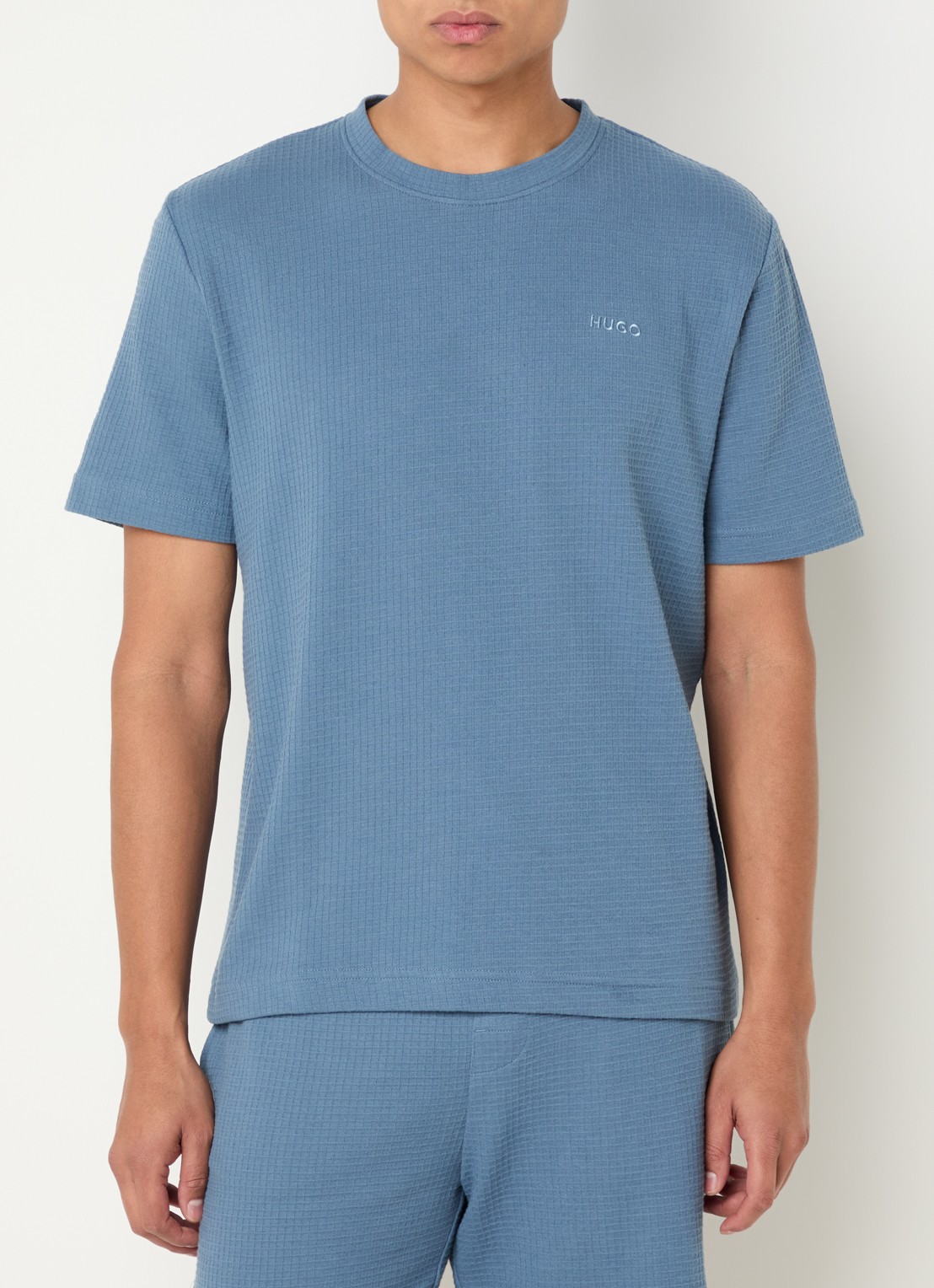 HUGO Pyjamashirt met wafelstructuur en logostiksel - detail 8 open blue-496 / blauw