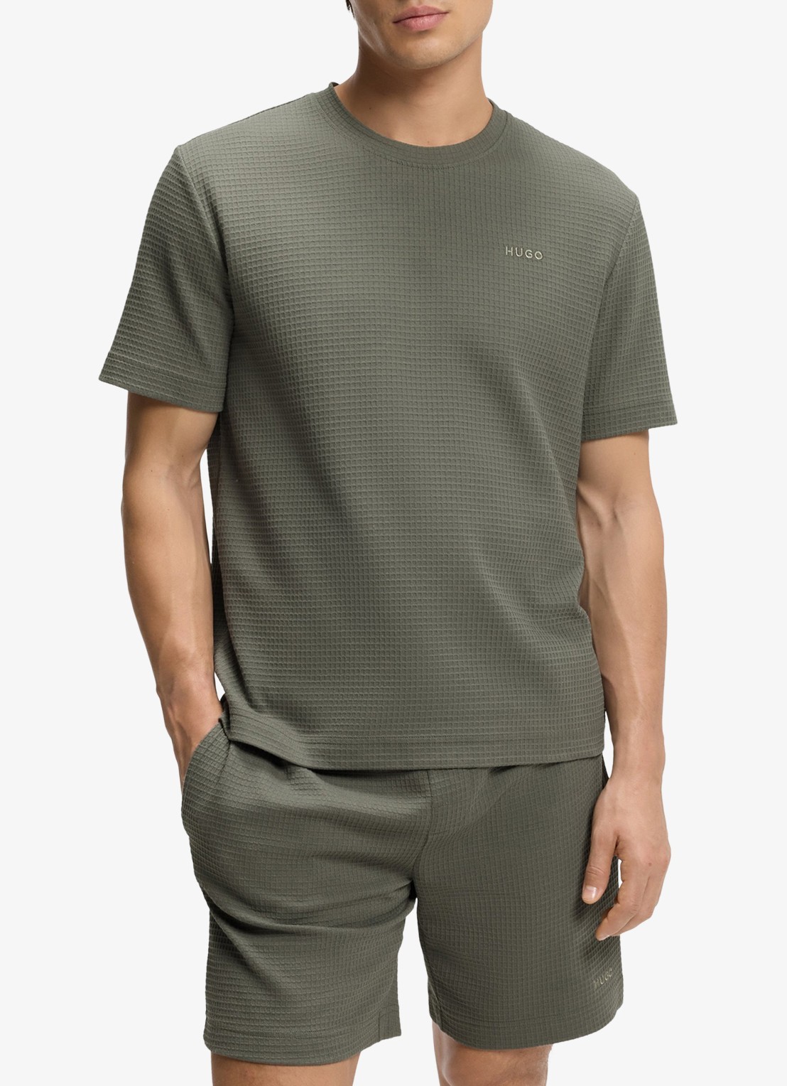 HUGO Pyjamashirt met wafelstructuur en logostiksel - detail 4 dark green-306 / groen