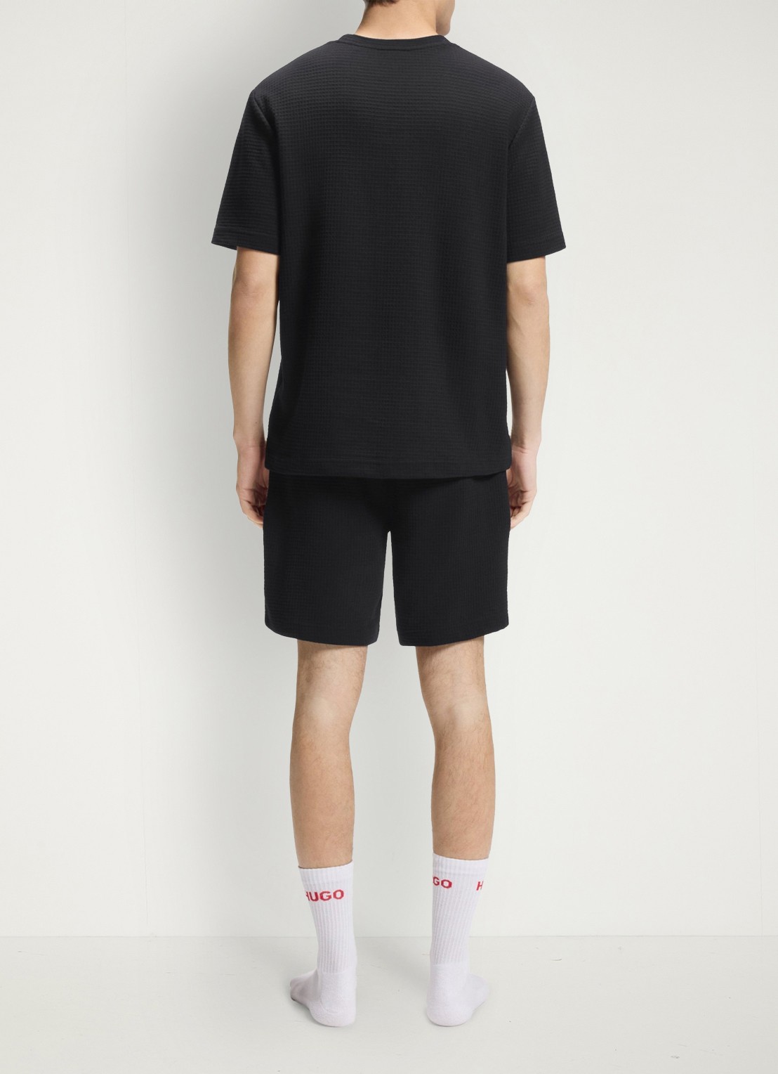 HUGO Pyjamashirt met wafelstructuur en logostiksel - achterkant black-001 / zwart