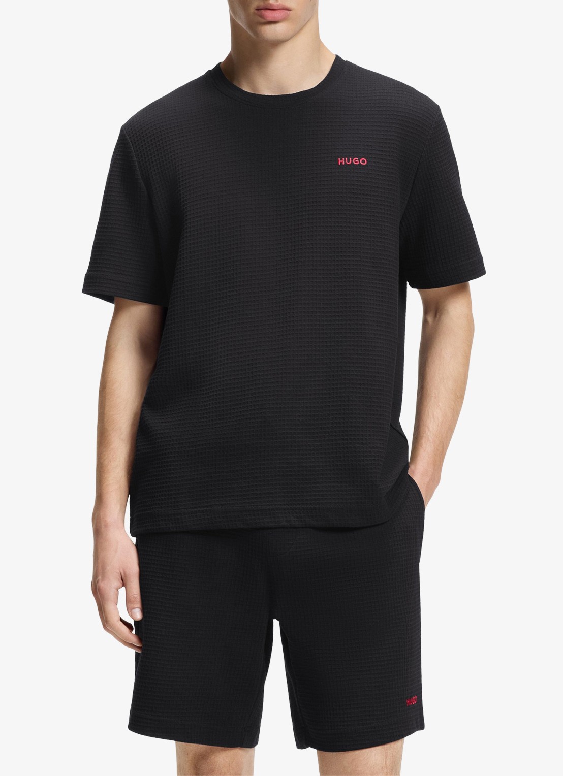 HUGO Pyjamashirt met wafelstructuur en logostiksel - detail 6 black-001 / zwart