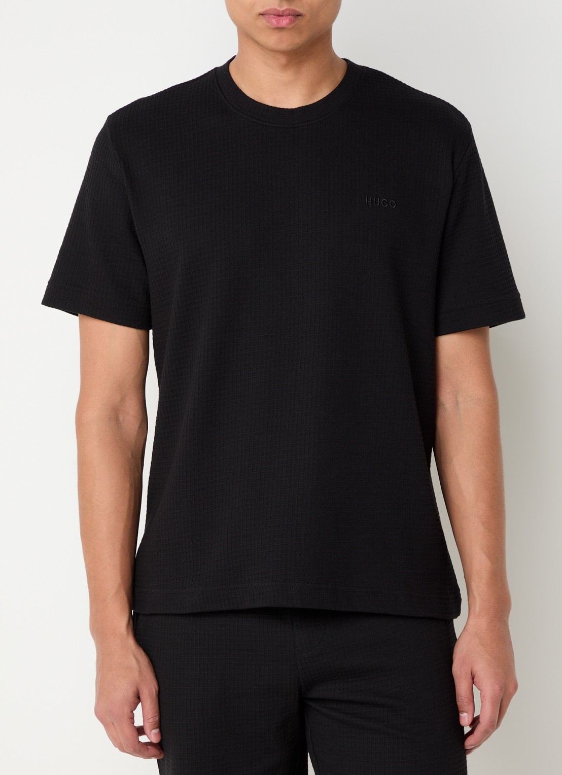 HUGO Pyjamashirt met wafelstructuur en logostiksel - detail 8 black-001 / zwart