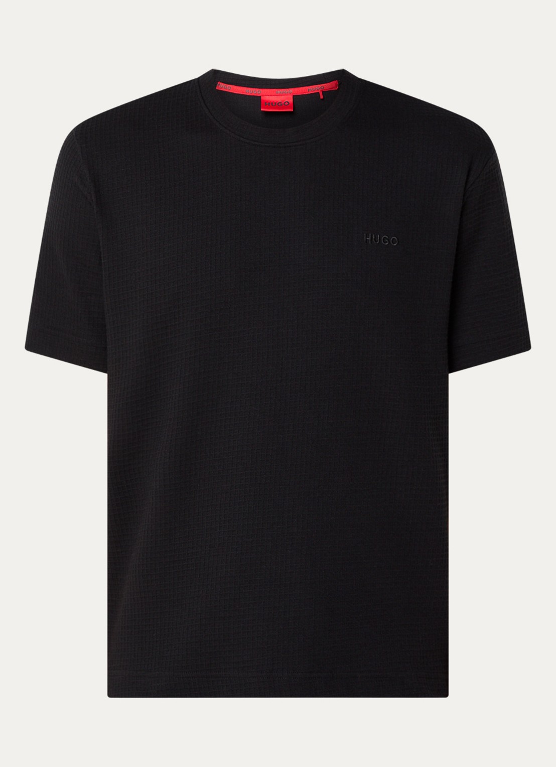HUGO Pyjamashirt met wafelstructuur en logostiksel - voorkant 5 black-001 / zwart