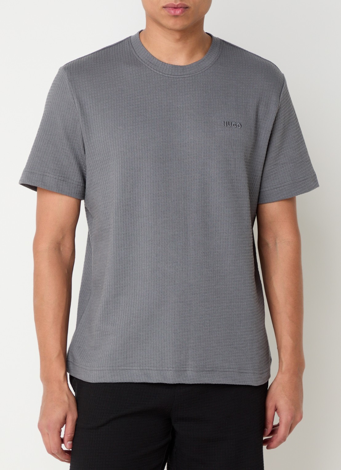 HUGO Pyjamashirt met wafelstructuur en logostiksel - detail open grey-086 / grijs