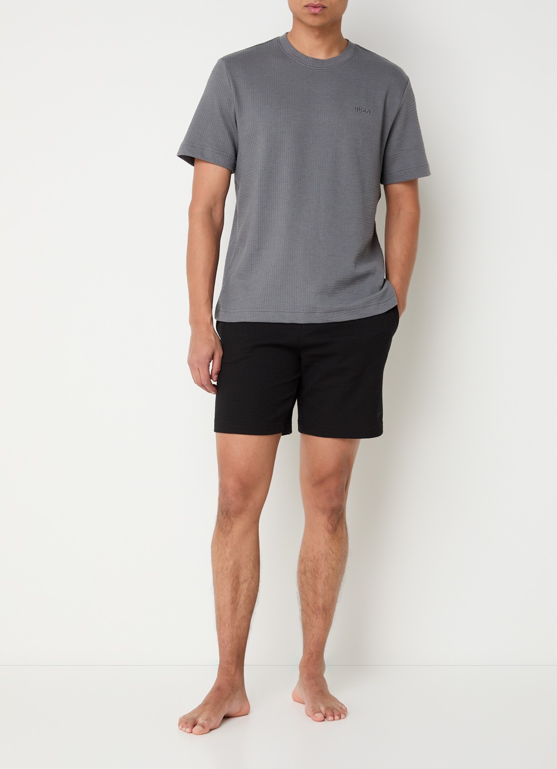 HUGO Pyjamashirt met wafelstructuur en logostiksel - voorkant 3 open grey-086 / grijs