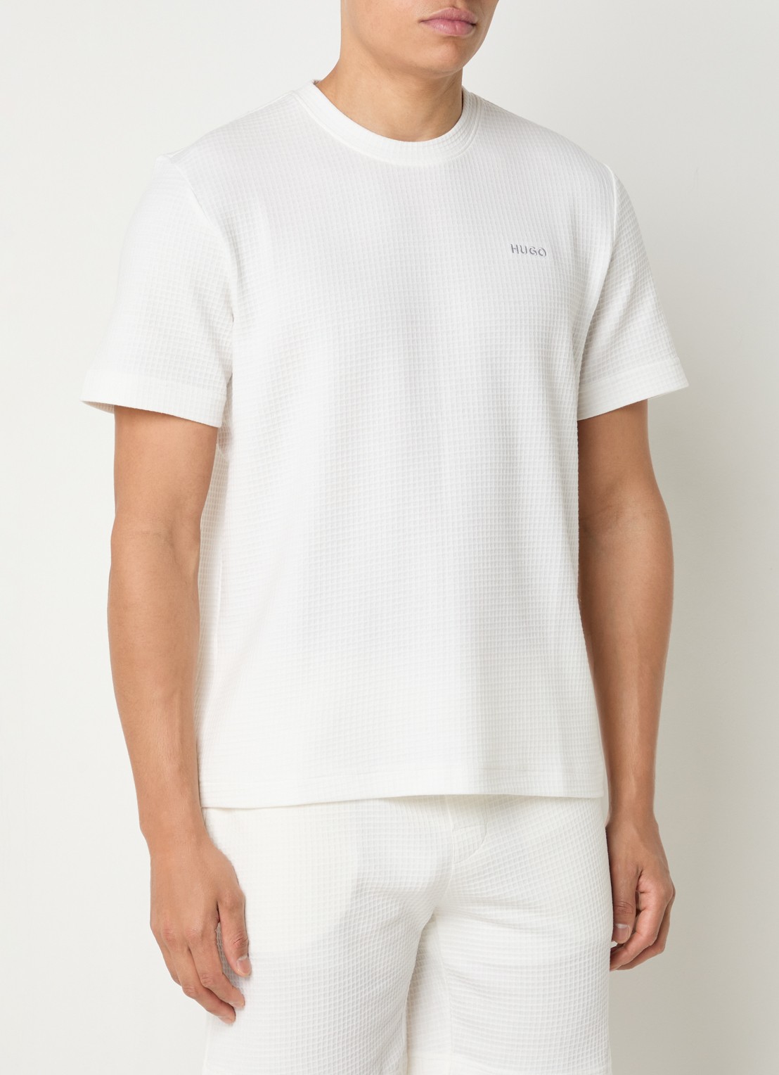 HUGO Pyjamashirt met wafelstructuur en logostiksel - detail 4 natural-102 / wit
