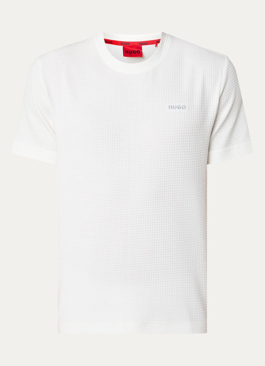 HUGO Pyjamashirt met wafelstructuur en logostiksel - voorkant natural-102 / wit