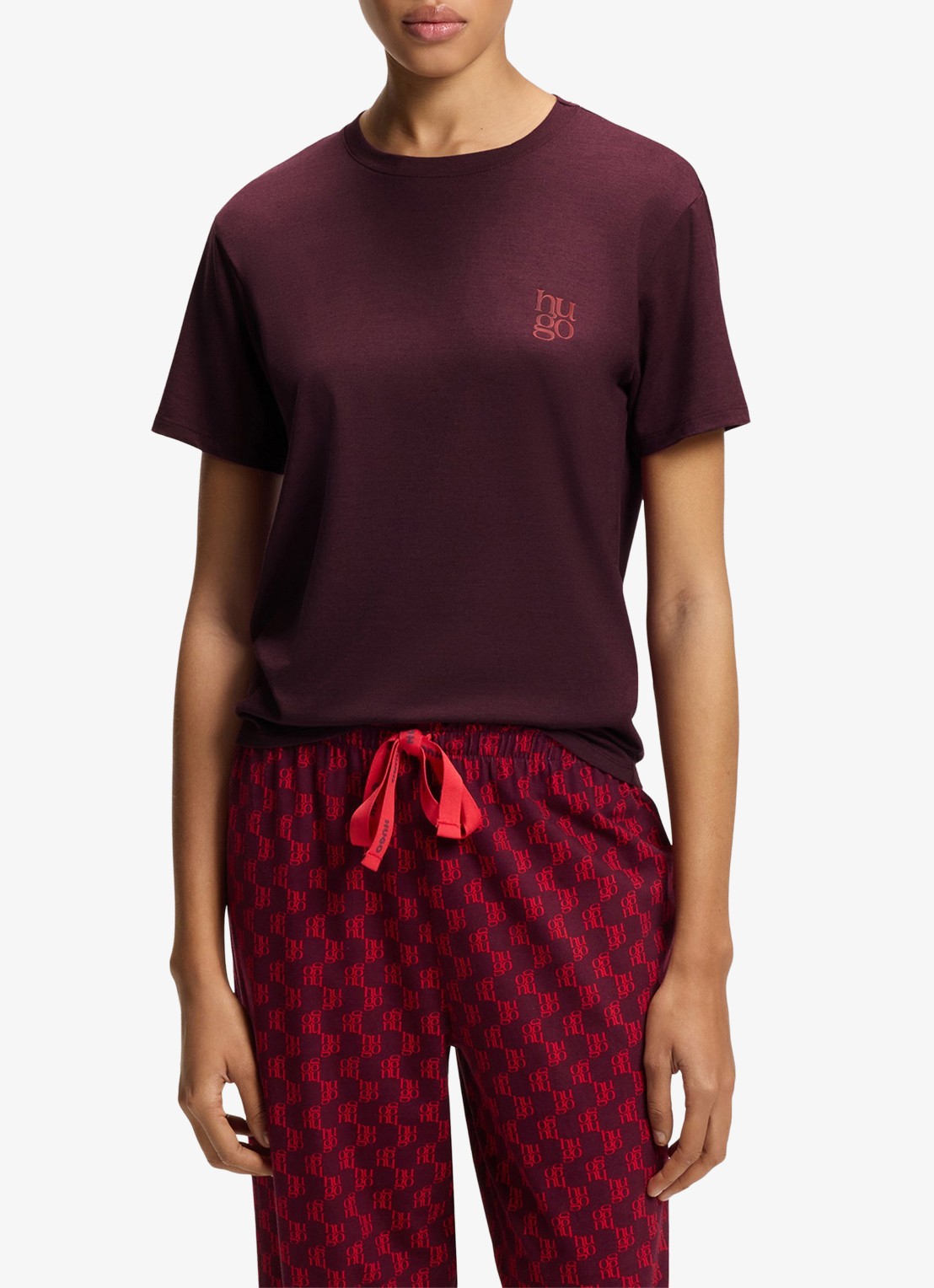 HUGO Pyjamashirt van stretchjersey met logoprint - detail 4 aubergine