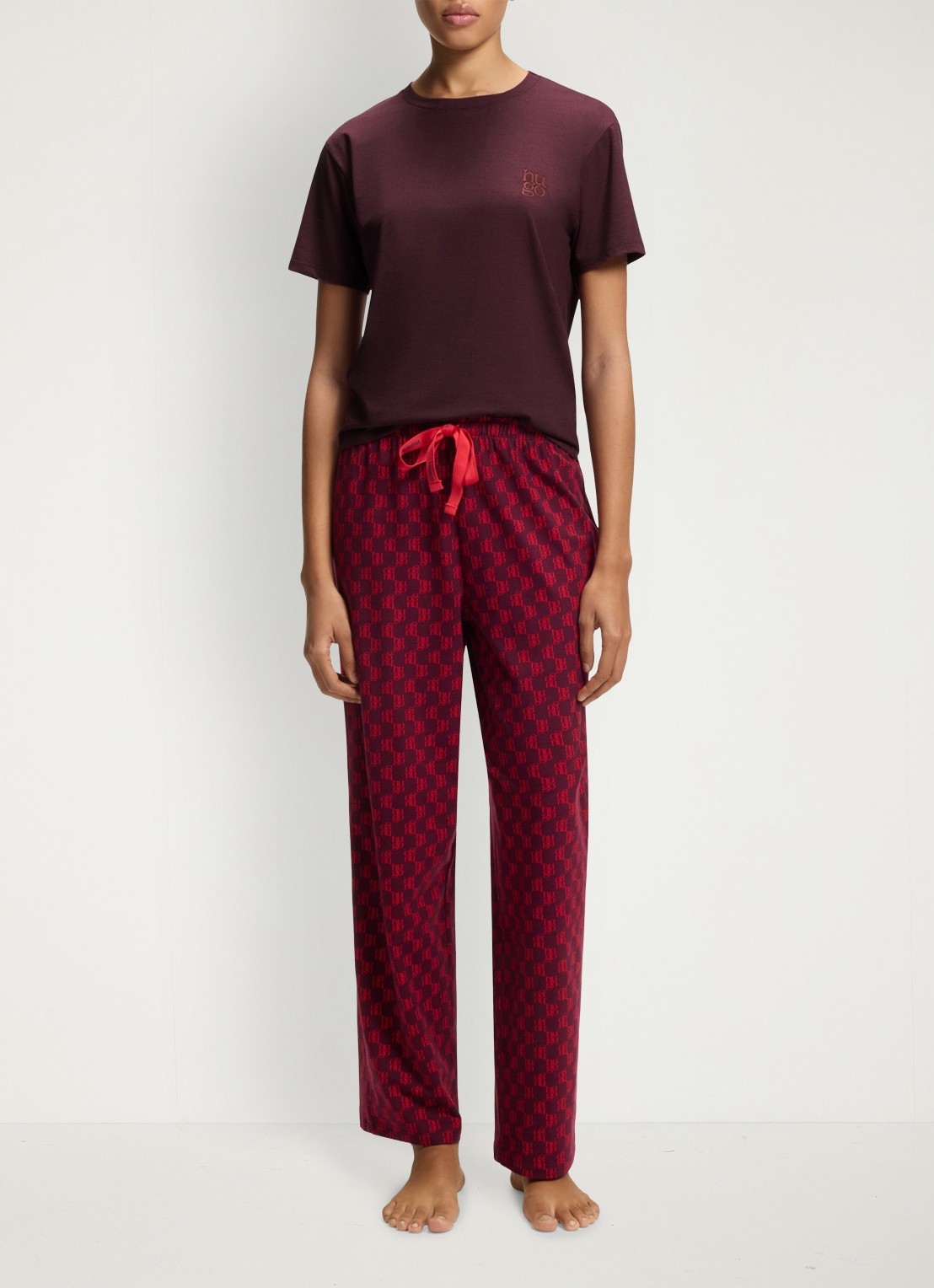HUGO Pyjamashirt van stretchjersey met logoprint - voorkant 3 aubergine