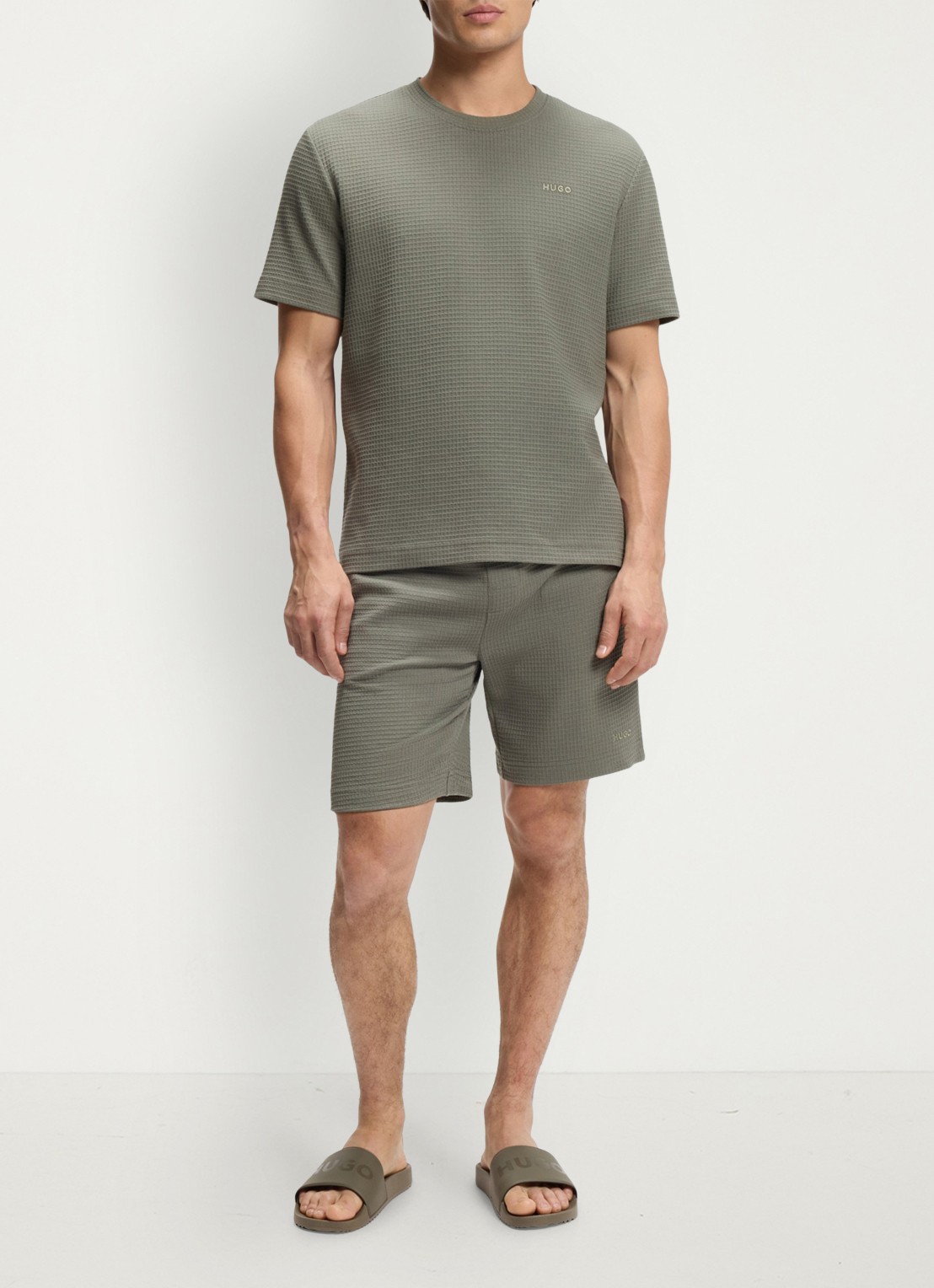 HUGO Pyjamashort met wafelstructuur en logostiksel - voorkant 2 dark green-306 / groen