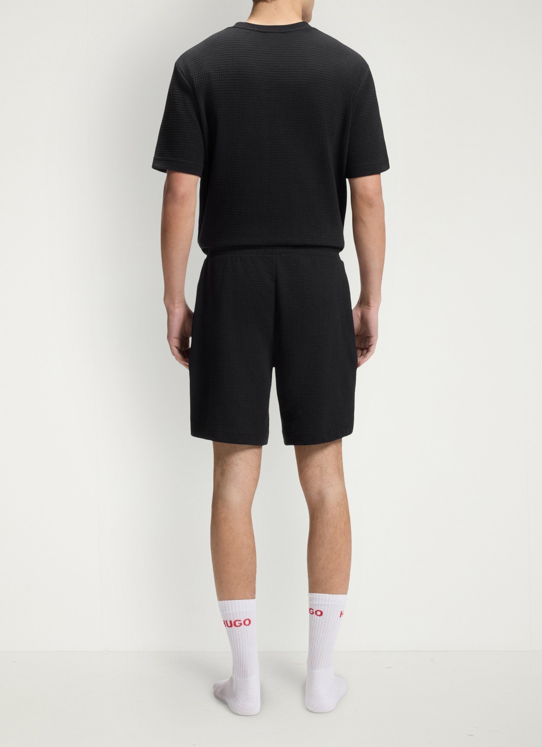 HUGO Pyjamashort met wafelstructuur en logostiksel - achterkant black-001 / zwart