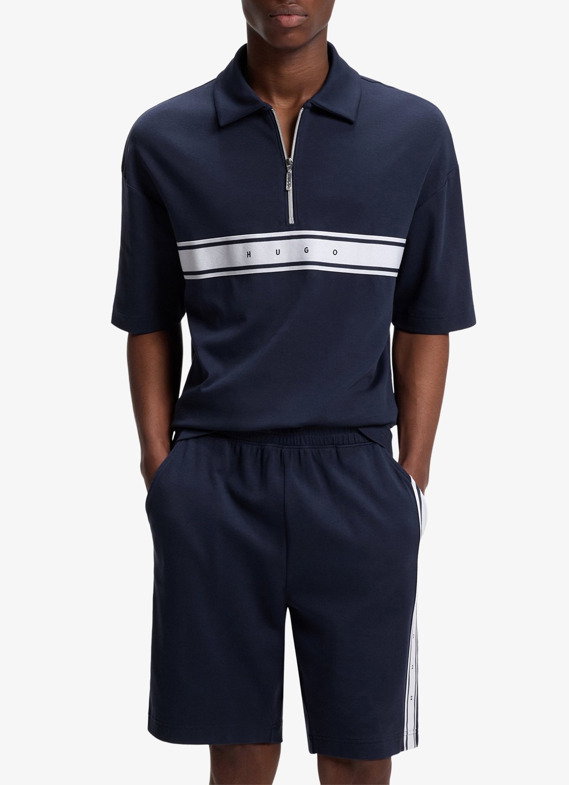 HUGO Regular fit polo met halve rits - detail donkerblauw