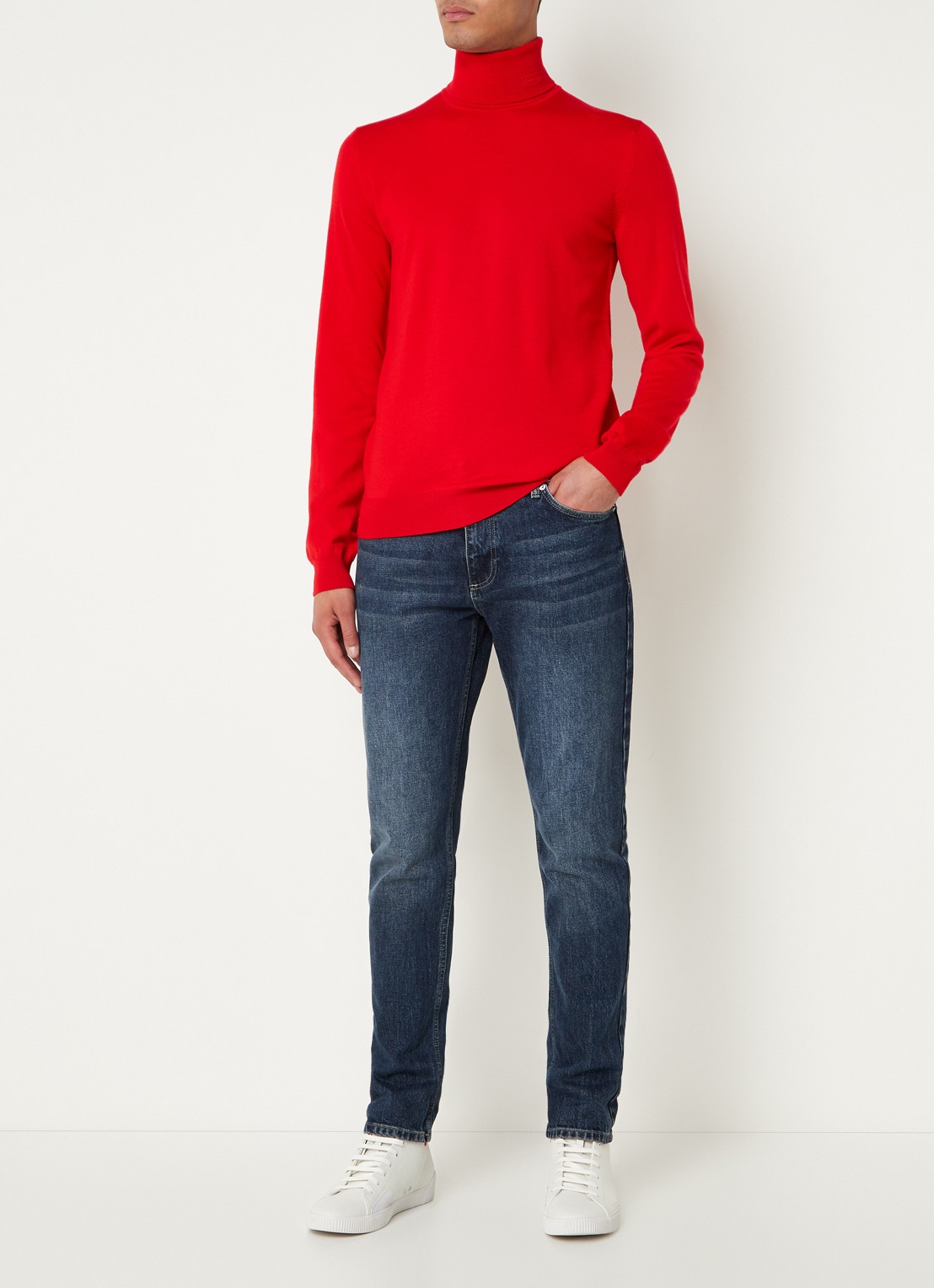 HUGO Regular-fit trui van scheerwol met col - voorkant 2 steenrood