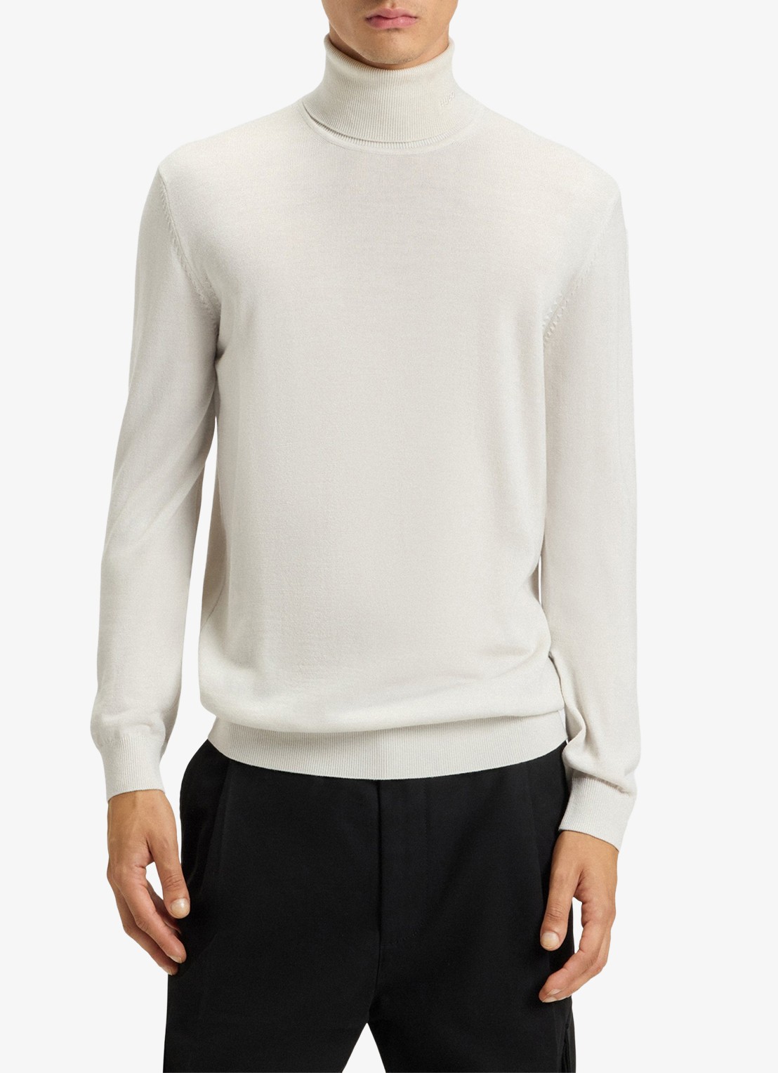 HUGO Regular-fit trui van scheerwol met col - detail creme