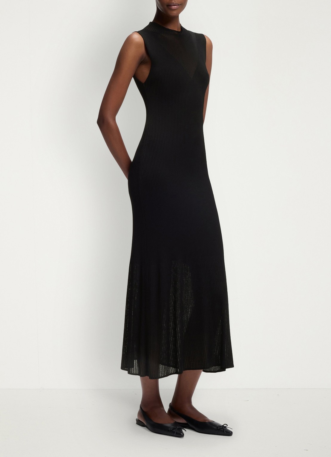 HUGO Ribgebreide maxi jurk met opstaande kraag - detail black-001 / zwart