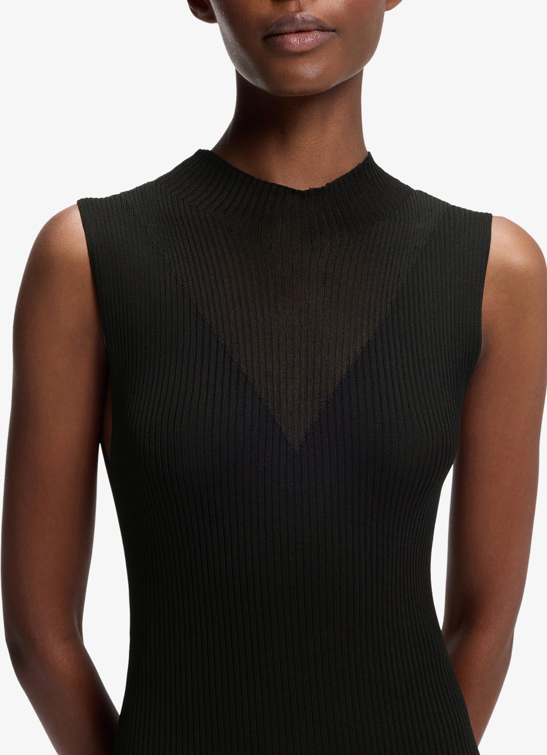 HUGO Ribgebreide maxi jurk met opstaande kraag - detail 2 black-001 / zwart