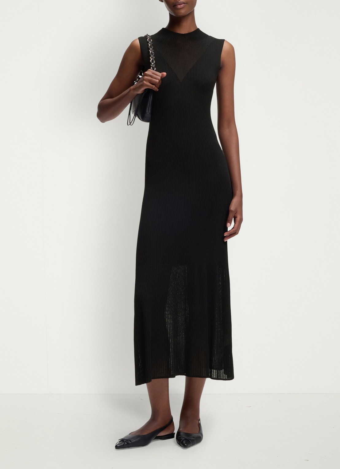 HUGO Ribgebreide maxi jurk met opstaande kraag - voorkant 5 black-001 / zwart