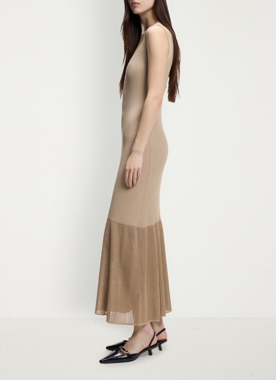 HUGO Ribgebreide maxi jurk met opstaande kraag - detail light/pastel brown-232 / bruin