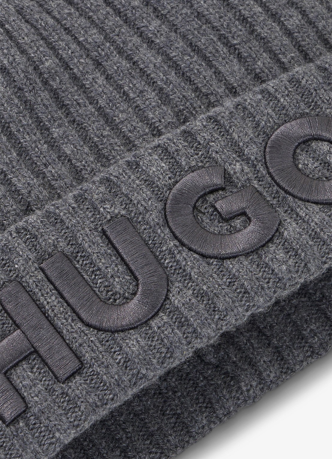 HUGO Ribgebreide muts van wol met logoborduring - detail 2 donkergrijs