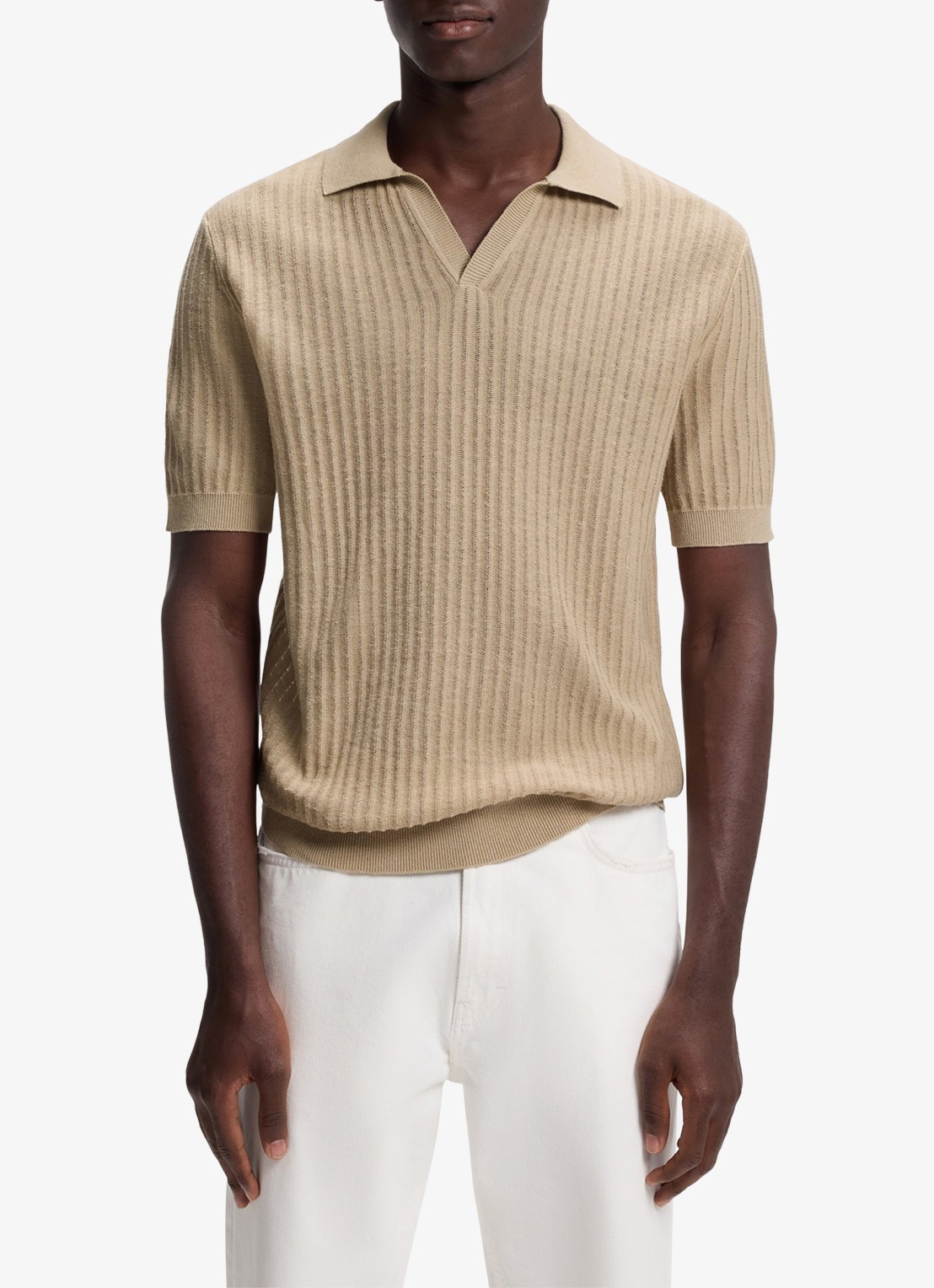 HUGO Ribgebreide polo in katoenblend - detail 3 beige
