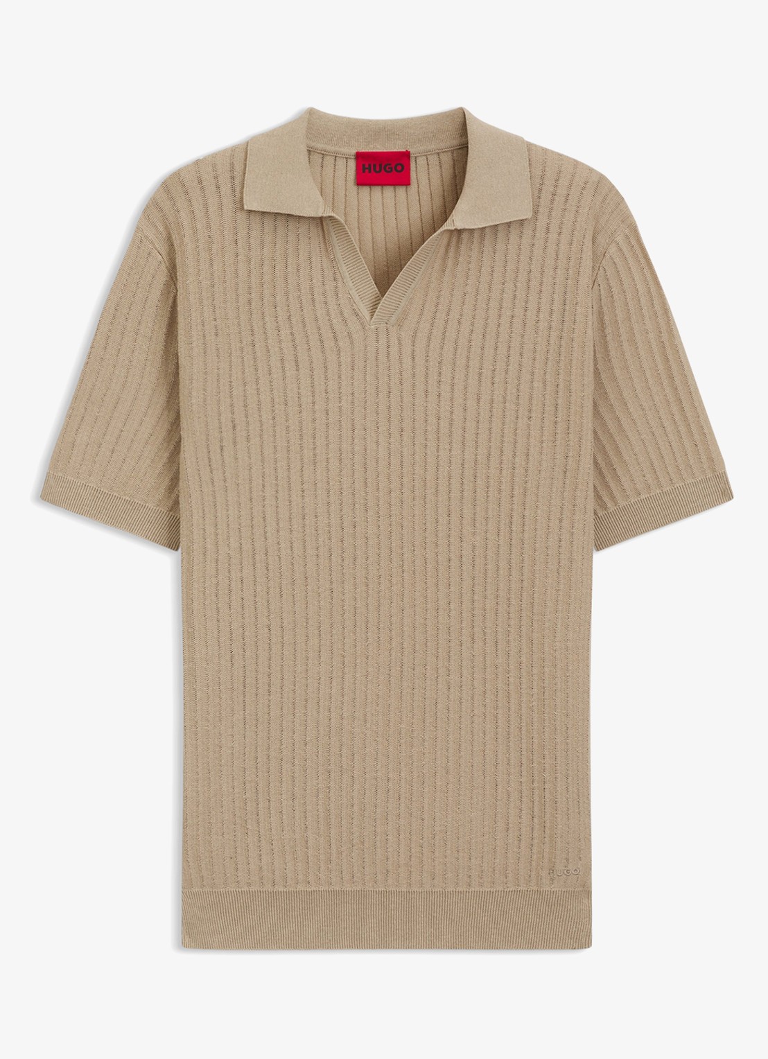 HUGO Ribgebreide polo in katoenblend - voorkant beige