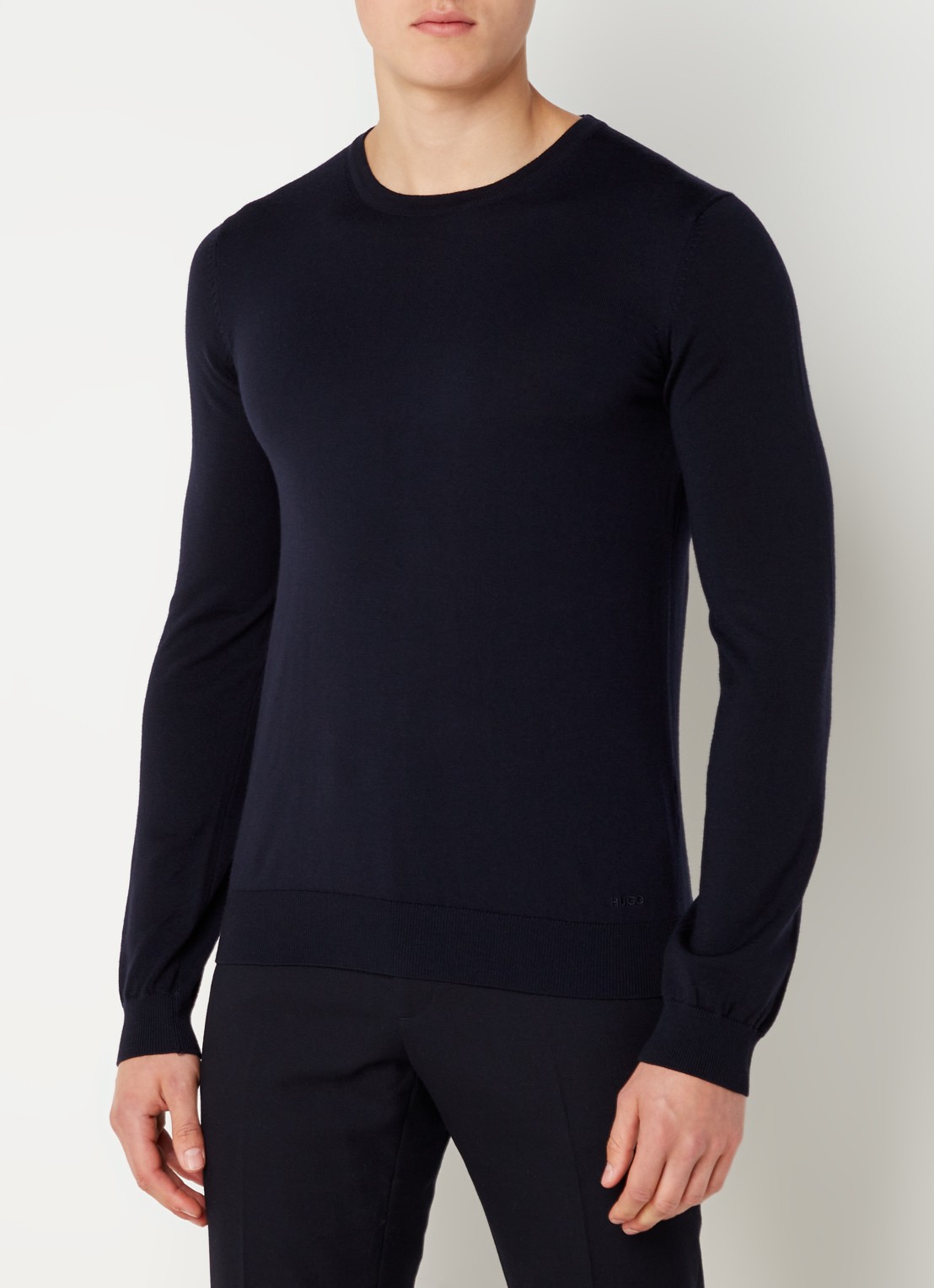 HUGO San Cedric fijngebreide pullover van wol  - detail blauw