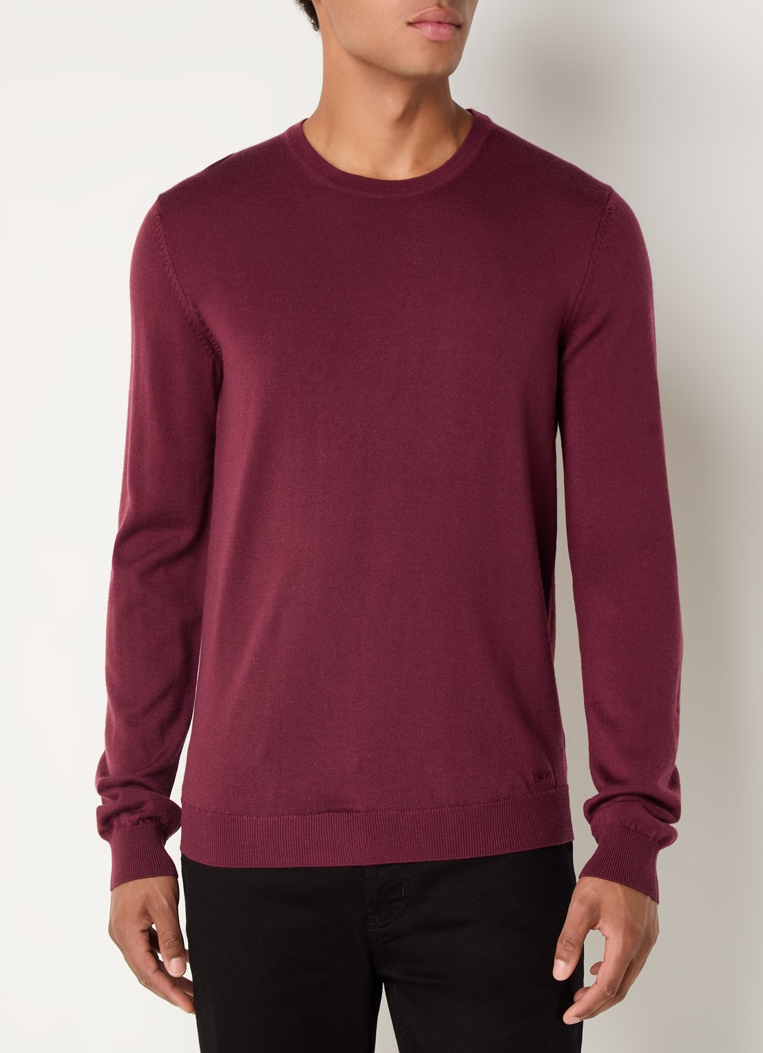 HUGO San Cedric fijngebreide pullover van wol  - detail 3 bordeauxrood