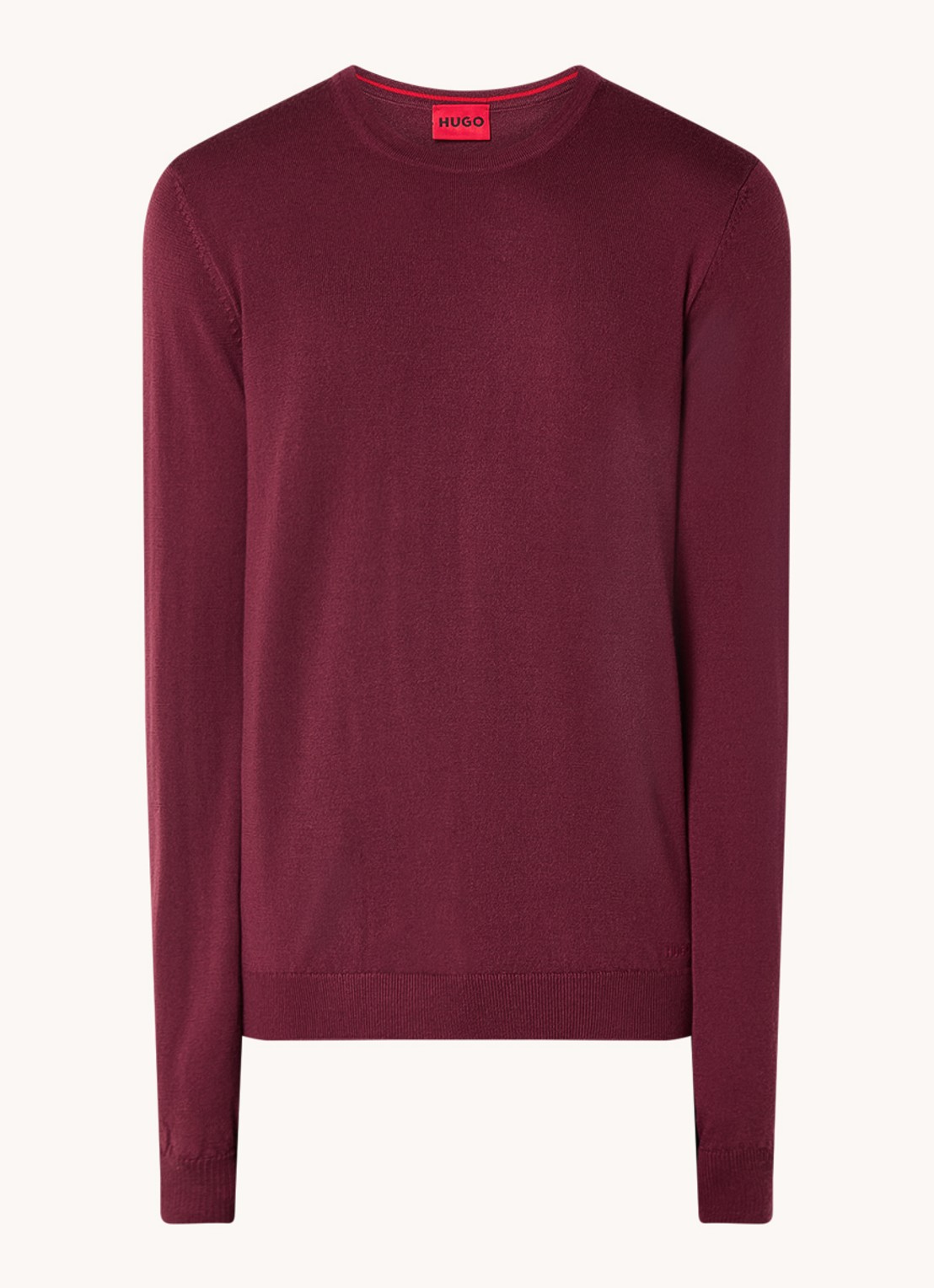 HUGO San Cedric fijngebreide pullover van wol  - voorkant bordeauxrood